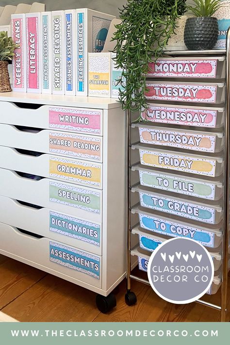 Teacher trolley labels together with binder covers and spines and the storage label bundle has all of your classroom organization needs covered. Editable and printable, these gorgeous bright, fun, colorful labels are the perfect way to get everything in your classroom in the right place in the right style ♥ Teacher Trolley, Classroom Sticker Organization, Rainbow Cart Organization Classroom, Rainbow Cart Labels, Teacher Trolley Labels, 10 Drawer Rolling Cart Classroom Labels, Rainbow Drawers Classroom Labels, Watercolor Classroom, Storage Labels