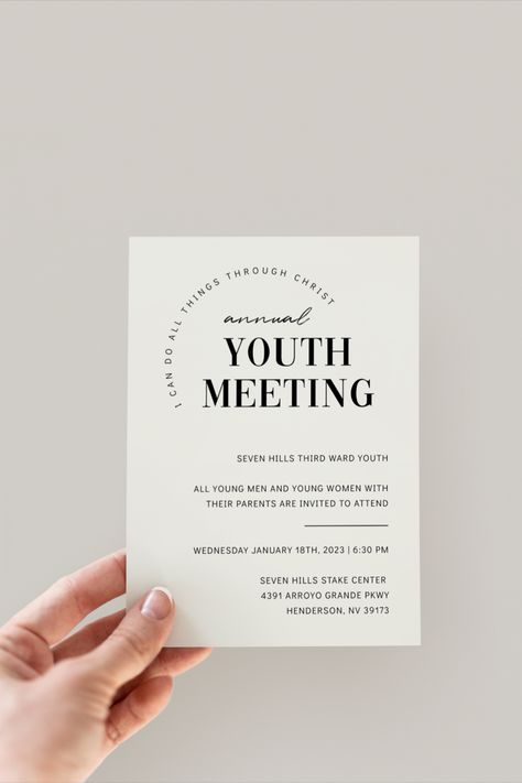 Inspired by the 2023 LDS Youth theme, "I Can Do All Things Through Christ", this modern and simple invitation is perfect for your 2023 Annual Youth Meeting for Young Women and Young Men with their parents. Customize and print today! Conference Invitation Design, Lds Young Women Theme 2024, Lds Youth Theme 2023, Gift Puns, Yw Class Presidency Meeting Agenda, Young Women Lesson Helps 2024, Conference Invitation, Women’s Conference Flyer, Church Marketing Ideas