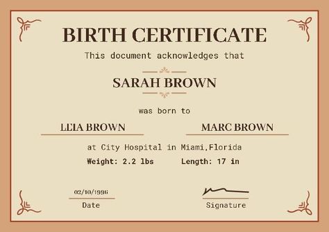 Vintage Simple Sarah Birth Certificate Birth Certificate Online, Attendance Certificate, Birthday Certificate, Identity Card Design, Birth Certificate Template, Letter Addressing, Award Template, Birth Records, School Certificates