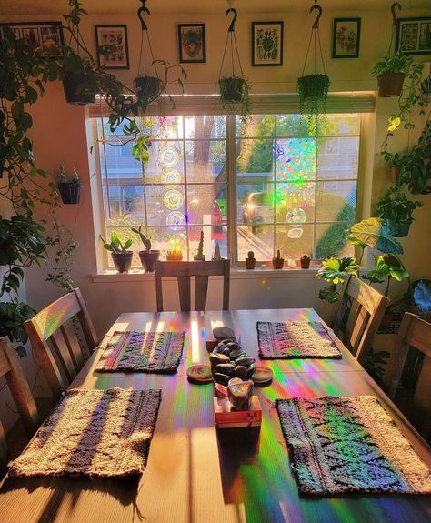 Cellophane On Windows, Lesbian Apartment Ideas, Dreamy Room Ideas, Cute Apartments, Trippy Apartment, Hippie Apartment Aesthetic, Rainbow Living Room, Hippie Apartment, Dreamy Apartment