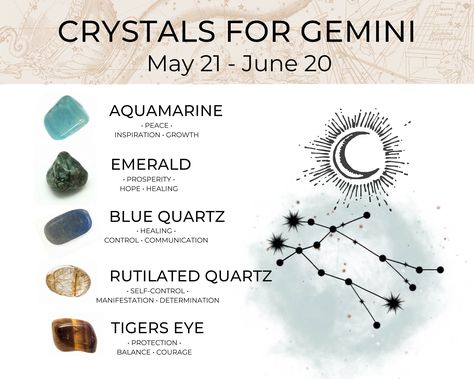 GEMINI | May 21 - June 20 | AIR SIGN A set of birthstone crystals for the star sign Gemini. This selection of crystals has been hand-selected to blend with and complement the energy and traits of your sign. Celebrate our zodiac crystal sets, designed just for your sign! Also a wonderful astrology gift for you or your Gemini! YOUR CRYSTAL SET: Our Zodiac Crystals Set includes five stones, a mini guide with details of each stone's meaning to your zodiac sign.   Your kit will be delivered in a velv Libra Crystals, Zodiac Gemstones, Your Zodiac Sign Your, Zodiac Crystals, Libra Star Sign, Birthstone Crystals, Libra Birthday, Libra Gifts, Gemini Birthday