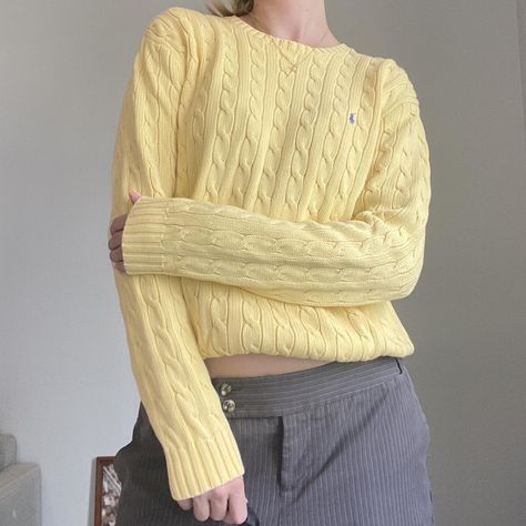 Pale yellow Ralph Lauren Spring Sweater🌸✨ Butter Yellow Sweater, Ralph Lauren Cable Knit Sweater Outfits, Cable Knit Sweater Outfit, Ralph Lauren Cable Knit Sweater, Classic Ralph Lauren, Ralph Lauren Cable Knit, Knit Sweater Outfit, Yellow Outfit, Butter Yellow