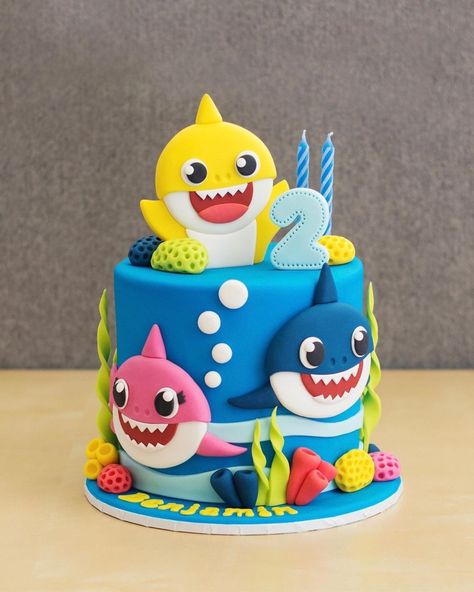 Baby Shark Theme Cake, Shark Theme Cake, 2nd Birthday Cake Boy, Shark Birthday Cake, Baby Shark Cake, Shark Birthday Cakes, Shark Themed Party, Shark Themed Birthday Party, Baby Shark Doo Doo