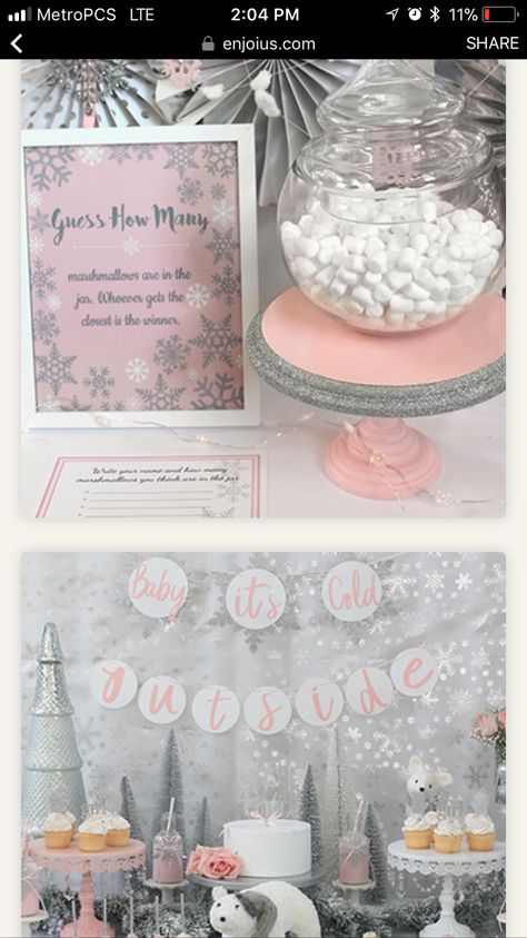 Snowflake Baby Shower Dessert Table, Pink Winter Wonderland Party Centerpieces, Winter Shower Favors, Pink Winter Balloon Arch, Baby Its Cold Outside Centerpiece, A Snowflake Is On The Way, Winter Wonderland Pink Baby Shower Ideas, Pink And White Winter Wonderland, Pink And White Christmas Baby Shower