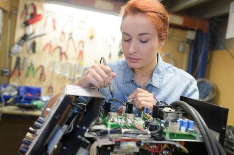 Young Woman Technician Repair Electronics Device Toned Image Stock Photo - Image of electronic, equipment: 123020996 Electrical Engineering Aesthetic, Technician Aesthetic, Future Manifestation, Electronic Technician, Female Image, Insta Feed, Aesthetic Photography Grunge, Computer System, Electrical Engineering