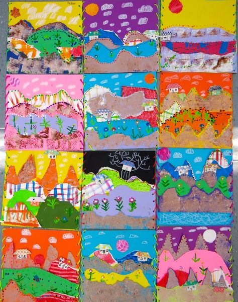 Cassie Stephens: arpilleras lesson Art 2nd Grade, Collage Landscapes, Landscape Art Lessons, Line Art Lesson, Third Grade Art, Collage Projects, Classe D'art, Elementary Art Rooms, Kindergarten Art Lessons