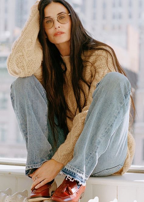 DEMI MOORE ph. by Max Farago for J. Crew J Crew Catalog, J Crew Fall, Jcrew Fall, Yoga Bikram, Margaret Qualley, Cable Knit Sweater Cardigan, Retro Swimsuit, Demi Moore, Celebrity Moms