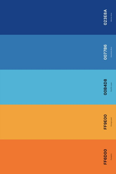 A classic complementary color scheme, the vibrant interaction between orange and blue creates a dynamic and lively palette. This combination is perfect for designs seeking high contrast and visual interest. In a purple color palette, the addition of orange brings energy and brightness, while the blue provides a calming balance. This trio can be used effectively in both modern and traditional settings. Complementary Colors Orange, Blue Orange Palette Color, Blues And Orange Color Palette, Blue Orange Pallete, Orange And Blue Color Pallet, Activewear Color Palette, Blue Orange Yellow Red Color Palette, Yellow Blue Graphic Design, Orange Complementary Colors