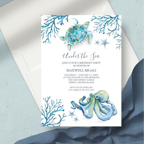 Under The Sea Boy Watercolor Birthday Party Invitation Coastal Birthday, Creative Birthday Party Ideas, Simple Birthday Party, Floral Cards Design, Birthday Themes For Boys, Sea Birthday Party, Beach Themed Party, Watercolor Birthday, Boy Birthday Invitations