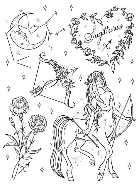 Sagittarius Flash Tattoo, Zodiac Signs Coloring Pages, Mythology Doodles, Astrology Coloring Pages, Sagittarius Drawing, Tarot Coloring Pages, Cat Kingston, Kingston Tattoo, Illusion Tattoo