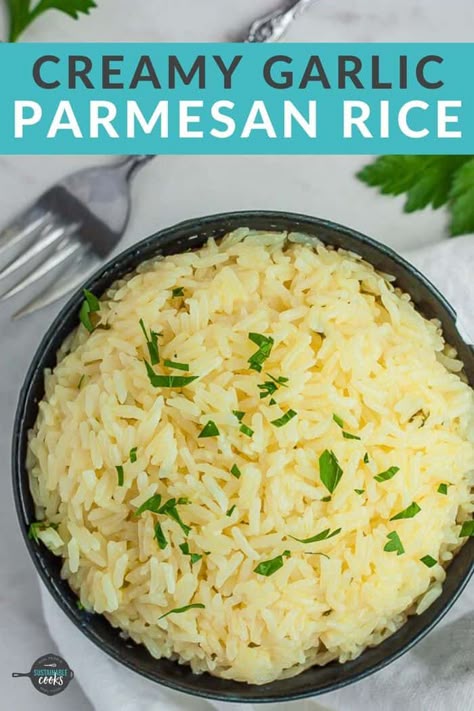 Garlic Parmesan Rice is a fast weeknight side dish that the whole family will love. Made in the Instant Pot, this garlic rice is great for meal prep and is delicious even after a few days in the fridge. No pressure cooker? You'll also find stovetop instructions in the recipe. #instantpotrice #parmesanrice #garlicrice Garlic Parmesan Rice, Rice Recipes Side, Parmesan Rice, Jasmine Rice Recipes, Side Dishes For Salmon, White Rice Recipes, Rice Side Dish Recipes, Steak Side Dishes, Garlic Rice