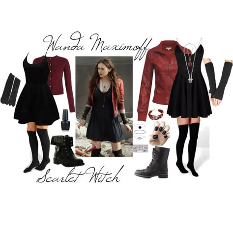 Aou Wanda Outfit, Scarlet Witch Casual Outfit, Disneybound Scarlet Witch, Wanda Disneybound, Marvel Character Outfits, Simple Marvel Costumes, Scarlett Witch Outfit, Huffle Puff Outfits, Casual Cosplay Disney