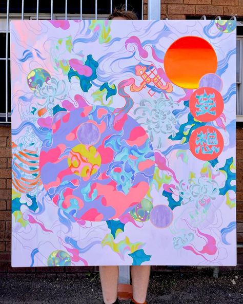 Louise Zhang, Patterns For Painting, Canvas Art Aesthetic, Colourful Art, Abstract Neon Painting, Jellyfish Abstract Painting, Lily Abstract Painting, Maximalist Abstract Art, Psychadelic Art Flowers