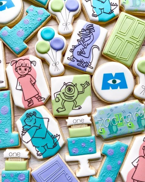 Monsters Inc Cookies, Monsters Inc Party, First Birthday Cookies, Monster Inc Birthday, Cartoon Cookie, Snoopy Birthday, Cookies Theme, Cookie Decorating Party, Disney Cookies