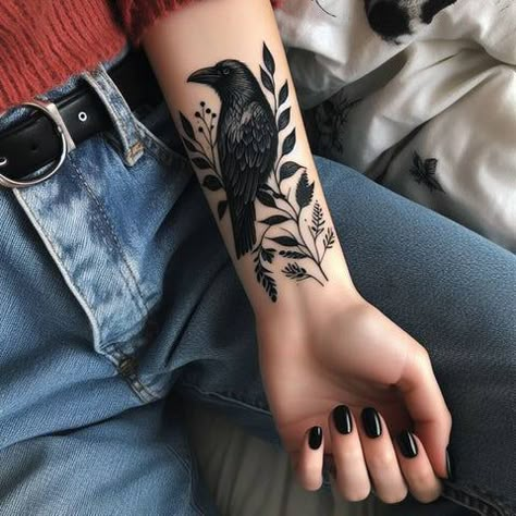 93 Elegant Raven Tattoo Designs That Will Change Your Life – Tattoo Inspired Apparel Raven Tattoo Shoulder Women, Raven Spine Tattoo, Raven Tattoo Feminine Forearm, Pretty Raven Tattoo, Owl Raven Tattoo, Raven Tattoo Ribs, Crow Tattoo With Flowers, Back Of Neck Cover Up Tattoo, Dark Theme Tattoo Sleeve