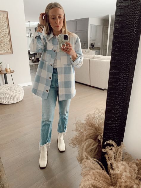 Light Blue Shacket Outfit, Blue Shacket Outfit Women, Light Blue Flannel Outfit, Blue Shacket Outfit, Blue Flannel Outfit, Blue Shacket, Shacket Outfit Women, Light Blue Flannel, Shacket Outfit