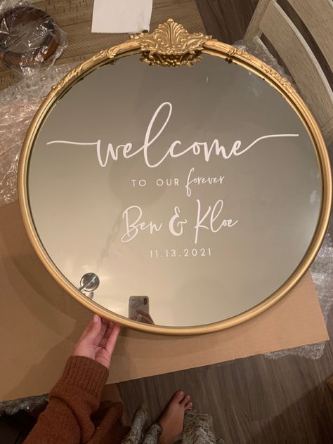 Circle Mirror Wedding Sign, Circle Mirror Welcome Sign Wedding, Mirror Engagement Sign, Wedding Sign Mirror Round, Wedding Entry Sign Mirror, Welcome To Our Wedding Sign Gold Mirror, Mirror Signage, 2024 Gold, Mirror Wedding Signs