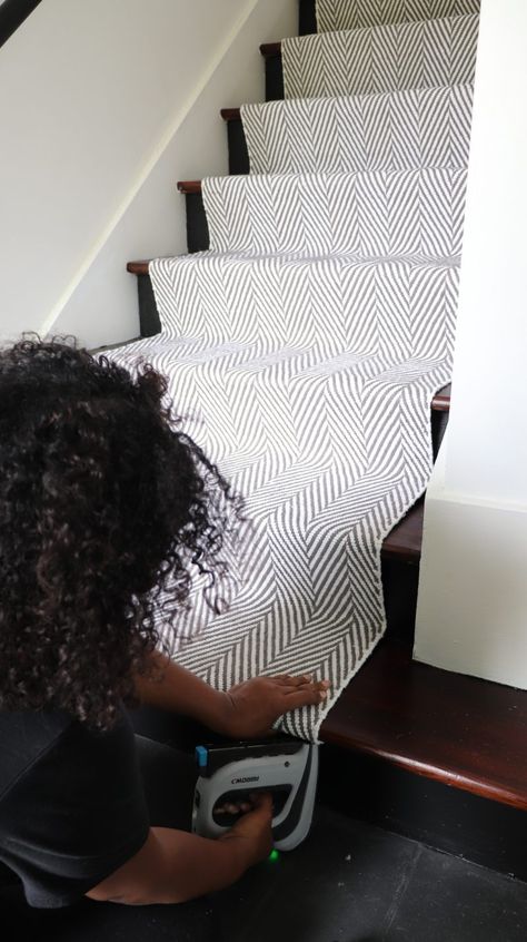 How to DIY a Stair Runner | Rugs USA | The Roll-Out Rugs On Steps, Diy Carpeted Stairs Makeover, Rental Friendly Stair Runner, Affordable Stair Runner, Temporary Stair Runner, Diy Stair Carpet Runner, Diy Runner Rug, Ikea Stair Runner Hack, Diy Stair Treads