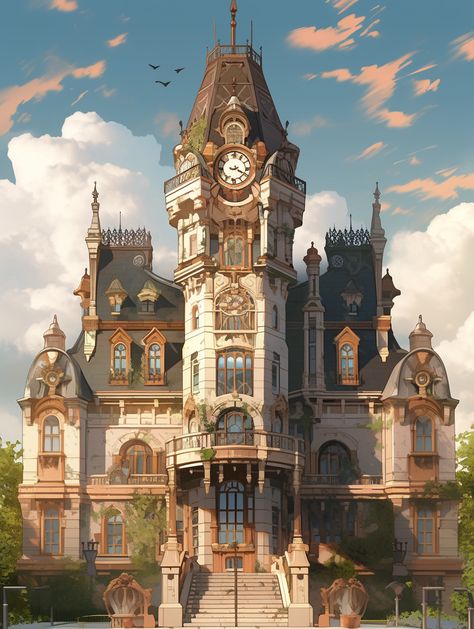 Steampunk School Building, Victorian Mansion Concept Art, Magic School Exterior, Old World Buildings, Fantasy Government Building, Fantasy Library Exterior, Steam Punk Buildings, Steampunk Building Concept Art, Fantasy Academy Building