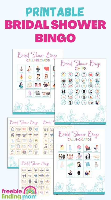 These are printables for a printable bridal shower bingo game. Cards are shown. Bingo Pictures, Wedding Bingo, Dollar Diy, Bride Rings, Bridal Shower Guest Book, Bridal Shower Bingo, Flower Planner, Mom Printable, Bridal Bingo