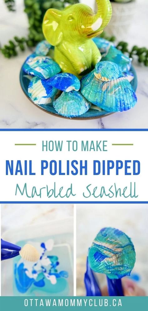 Nail Polish Marbling Crafts, Hydrodipping Diy, Nail Polish Crafts Diy, Nail Polish Marbling, Seashell Nails, Nail Polish Painting, Old Nail Polish, Seashell Decor, Diy Beach Decor