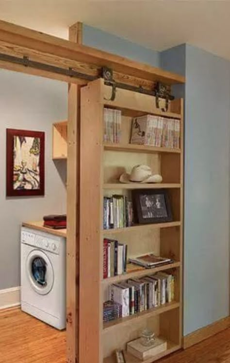 Sliding Door Bookshelf, Bookshelf Sliding Door, Barn Door Bookshelf, Shoe Coat Storage, Shop Loft Ideas, Office Front Room, Extra Bedroom Ideas, Bonus Room Office, Bookshelf Closet