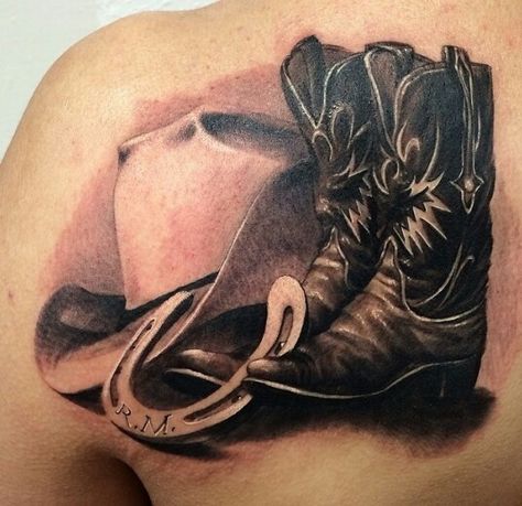 Horseshoe Tattoos Men, Country Memorial Tattoos, Farm Tattoo Ideas For Men, Country Style Tattoos, Cowboy Memorial Tattoo, Little Western Tattoos, Western Tattoos Men, Tatooes Ideas, Cowboy Tattoo Ideas