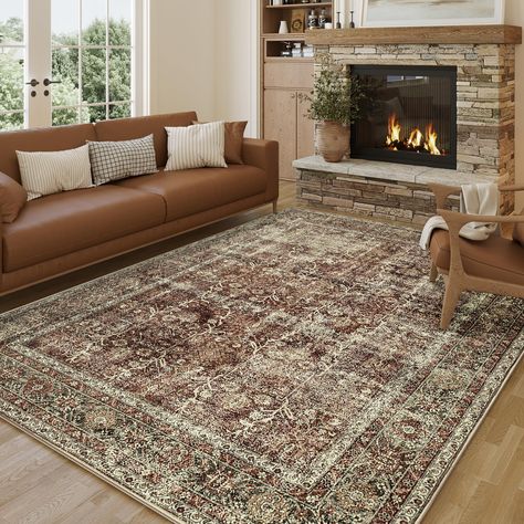 Area Rugs With Brown Leather Couch, Rugs For Grey Couch, Dark Brown Rug, Boho Area Rugs In Living Room, Large Rug, Brown And Gray Living Room, Modern Farmhouse Living Room Inspiration, Throw Rugs Bedroom, Retro Living Room Decor