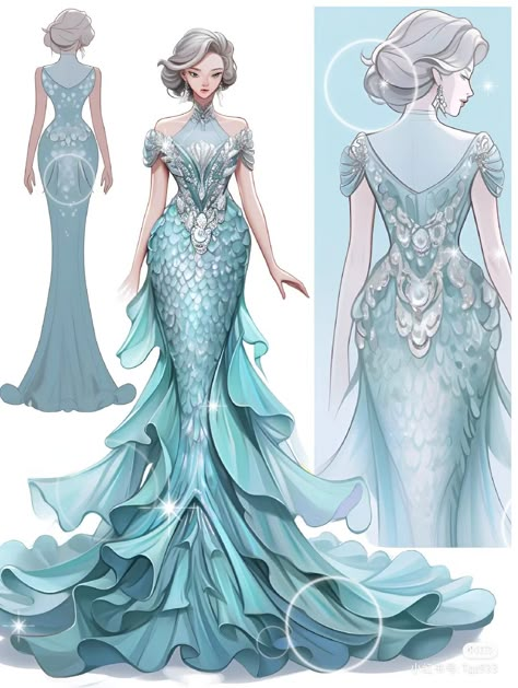 Mermaid Fantasy Dress, Fantasy Mermaid Dress, Mermaid Dress Illustration, Fish Inspired Outfit, Fish Inspired Dress, Drawing Clothing Ideas, Mermaid Outfit Drawing, Kokomi Mermaid, Dress Ideas Drawing