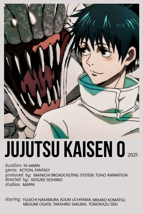 Movie Minimalist Poster, Jujutsu Kaisen 0 Movie, Movie Minimalist, Takahiro Sakurai, Jujutsu Kaisen 0, Movie Card, Movie Info, Anime Printables, Anime Titles