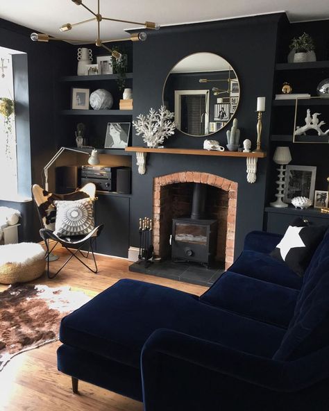 Dark & Gold Gallery Walls • Maximalist Home Tour • Little Gold Pixel Navy Living Rooms, Christmas Feast, Dark Living Rooms, Maximalist Home, Dark Home Decor, Black Living Room, Cosy Living Room, Dark Home, Celebrating Christmas