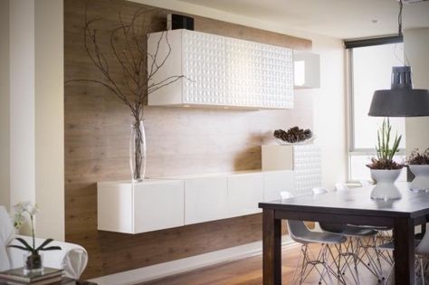 White floating cabinets look great on a planked wall. These are Ikea BESTA and the top row has a nice texture. White Besta Cabinet, Floating Credenza, Ikea Coffee, Cabinets Ikea, Farmhouse Style Coffee Table, Besta Ikea, Floor Panels, Ikea Coffee Table, Sofa Makeover