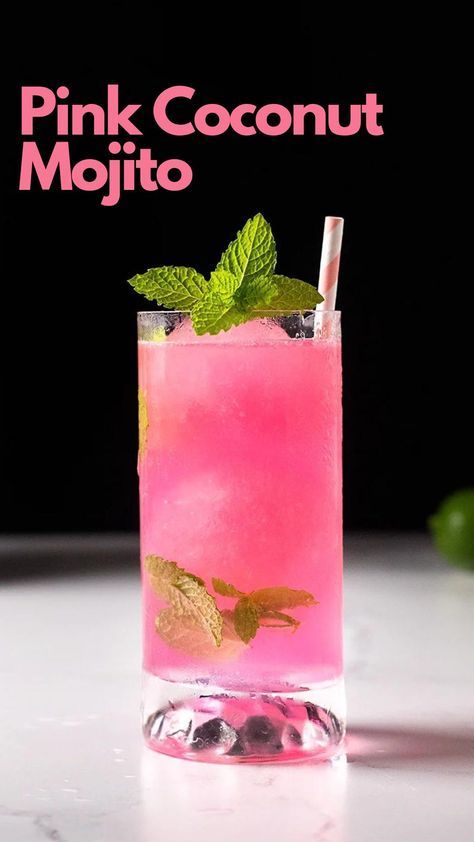 The Pink Coconut Mojito is one of the best pink cocktails and is perfect for those who love a tropical twist on the classic mojito. This drink has a sweet, tropical flavor that comes from the ideal balance of the simple syrup and coconut water with the lime juice and mint leaves. #PinkCoconutMojito Coconut Lime Drink Recipes, Pink Flamingo Drink Cocktail Recipes, Raspberry Mint Mojito, Pink Coconut Cocktail, Cocktails With Mint Leaves, Pink Coconut Mojito, Pink Mojito Recipe, Long Drinks Cocktails, Easy Pretty Cocktails