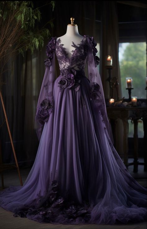 Dark Purple Wedding Dress, Dark Purple Ball Gown, Purple Fantasy Dress, Dark Purple Gown, Dark Fairytale Wedding, Purple Goth Dress, Purple Fairytale, Purple And Black Wedding, Witchy Dresses