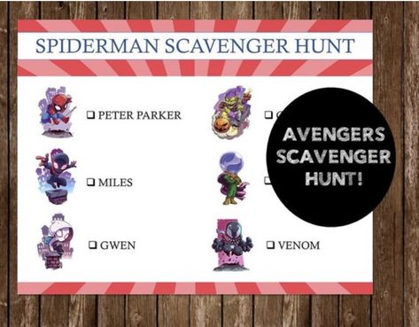 Printable Spider-Man Scavenger Hunt Scavenger Hunt Games, Avenger Birthday Party, Avengers Birthday, Peter Parker, Scavenger Hunt, Gift Tags, Avengers, Spiderman, Printed Items