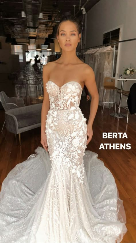 Strapless Wedding Dress Mermaid Bling, Mermaid Wedding Dress Corset Top, Berta Privee Wedding Dress, Corset Mermaid Wedding Dress, White Bridal Dress, Berta Wedding, Love In Black, Plain Wedding Dress, Berta Bridal