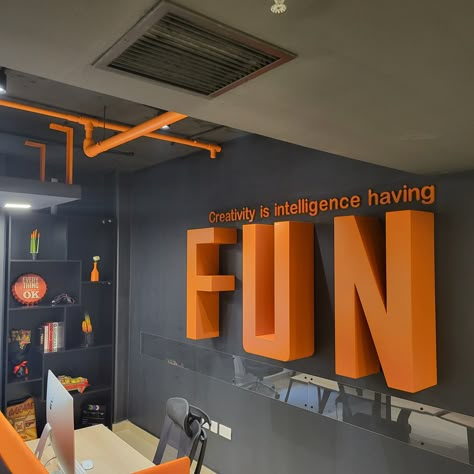 Advertising Agency Interior, Orange Office Decor, Marketing Agency Office, Advertising Agency Office, Advertising Office, Office Wall Graphics, Google Office, Office Graphics, Working Wall