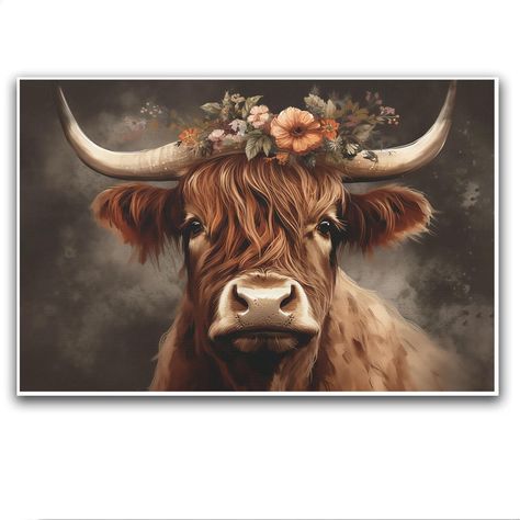 PRICES MAY VARY. Give your home a boho farmhouse vibe with stunning Coastal Boho Farmhouse Highland Cow Flower Canvas Wall Art. Featuring a rustic country landscape with a longhorn animal, this floral artwork poster adds a touch of nature to your living room, bedroom, or kitchen decor. Perfect for farmhouse and Highland Cow enthusiasts, this wall art piece beautifully captures the essence of country living. Effortlessly elevate your home decor with this visually stunning and charming Highland Co Cow Paintings On Canvas, Chic Artwork, Cow Nursery, Highland Cow Painting, Highland Cow Canvas, Highland Cow Print, Flower Canvas Wall Art, Cow Pictures, Country Landscape