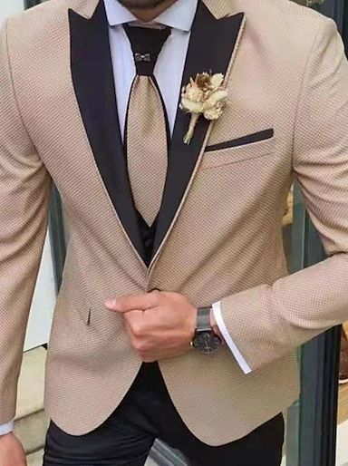 Kakhi Suit Wedding, Beige And Black Tuxedo Men, Groom Tux Colors, Men’s Wedding Tux Colors, Tan Suit Men, Tan Tux, Tan Suit Wedding, Black Groomsmen Suits, Tan Tuxedo