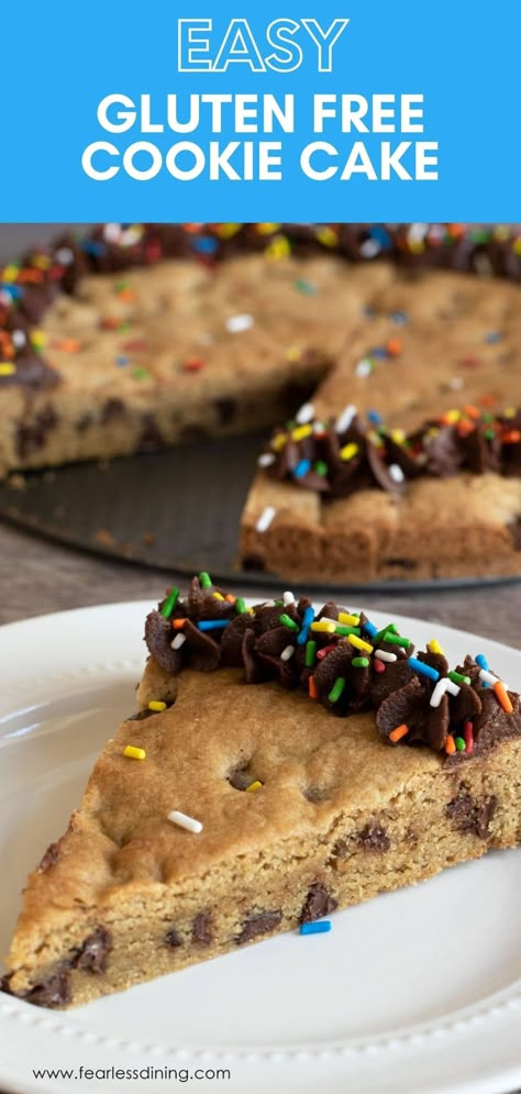 This homemade gluten free cookie cake is a great alternative to bake for a birthday! This large chewy gluten free chocolate chip cookie cake is easy to make and decorate with frosting and sprinkles! It is the perfect dessert for any occasion! Gluten Free Frosting Recipe, Gluten Free Cookie Cake, Gluten Free Frosting, Gluten Free Cookies Easy, Gluten Free Birthday Cake, Gluten Free Cake Mixes, Gluten Free Cookie, Gluten Free Cake Recipe, Dairy Free Cookies