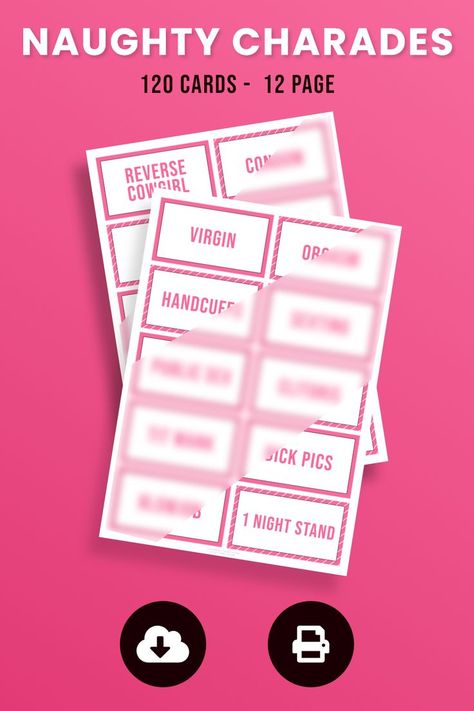 Dirty Bachelorette Charades | Bachelorette Party Games, Hen Party Game, Dirty Bridal Shower Bachelorette Charades, Charades Word List, Charades Words, Dirty Bachelorette Party, Charades Cards, Charades Game, Game Hen, Hen Party Games, Non Verbal