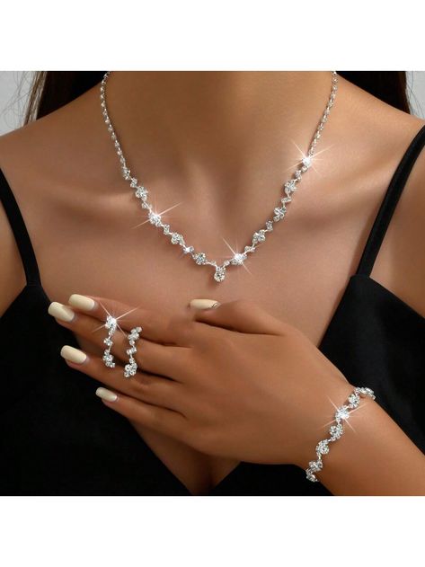 Silver  Collar  Glass Rhinestone   Embellished   Women Fashion Jewelry Deb Jewellery, Silver Jewelry Prom, Silver Prom Jewelry, Prom 2k24, Ball Ideas, Bride Jewelry Set, Prom Outfit, Prom Necklaces, Formal Jewelry