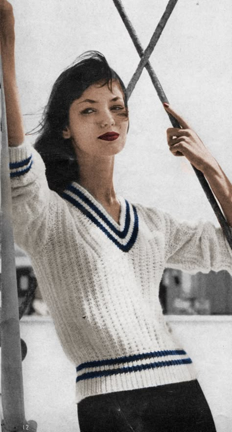 1950's Ribbed V-neck Tennis Sweater Knitting Pattern | Etsy Vintage Knit Sweater Outfit, Tennis Sweater Outfit, Knit Vintage Sweater Pattern, Retro Sweater Knitting Pattern, Vintage Fitted Knitted Sweater, V Neck Sweater Knitting Pattern, Vintage V-neck Knitted Tops, Vintage Knit V-neck Sweater, Preppy Vest