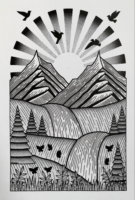 Pen Work Landscape, Landscape Black And White Painting, Vintage Black And White Illustration, Ink Nature Drawing, Black Ink Drawing Illustration, Doodle Pen Art, Line Art Landscape Drawings, Black Pen Landscape, Nature Drawing Ideas Landscapes