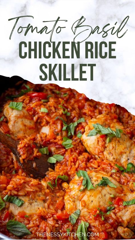 Ready in under an hour, this cooks entirely in one pan and is packed with flavor. Tender chicken is cooked along with a fluffy tomato basil rice for a weeknight dinner that the whole family will love. Tomato Basil Chicken And Rice, Chicken Rice Tomato Recipes, Tomato Chicken And Rice, Tomato Basil Rice, Chicken And Rice Skillet, Chicken Broth Rice, Basil Rice, Chicken Recipes With Tomatoes, Tomato Paste Recipe