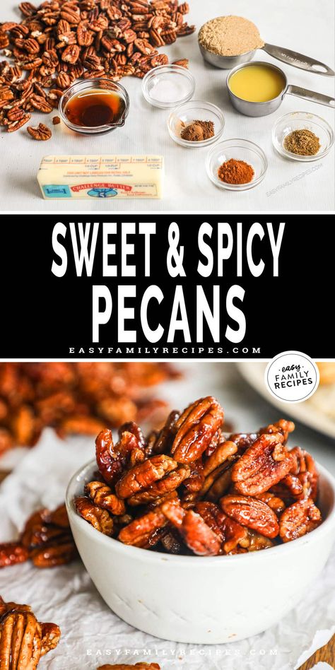 These Sweet and Spicy Pecans are perfect for snacking or for adding texture and flavor to any recipe! These spicy candied pecans are tossed in butter and sweet spices, then coated in a maple, orange, and brown sugar. Serve these spicy pecans recipe as a snack or sprinkle over mashed potatoes, baked brie, roasted veggies, or even your favorite cereal. These sweet and spicy pecans with brown sugar won't last long! Spicy Pecans Recipe, Spicy Candied Pecans, Sweet And Spicy Pecans, Mashed Potatoes Baked, Spicy Walnuts, Spicy Pecans, Mouthwatering Desserts, Spicy Nuts, Study Snacks