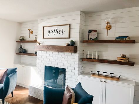 Shiplap Fireplace Brick, Shiplap Wall Next To Fireplace, Brick Fireplace Shelves, Shiplap Wall With Brick Fireplace, Floating Shelves Shiplap Wall, White Brick Fireplace With Shiplap Wall, Shiplap Wall Shelves, White Brick And Shiplap Fireplace, Brick Fireplace With Floating Shelves