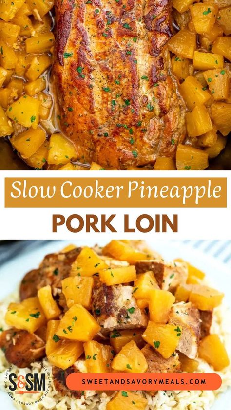 a pot with easy slow cooker pineapple pork loin Crockpot Hawaiian Pork Loin, Pork Loin In Crock Pot Easy, Pork Loin Healthy Recipes, Pineapple Pork Crockpot, Pork Tenderloin Recipes In Crockpot Pineapple, Best Pork Loin Crock Pot Recipes, Pork Loin In A Crockpot, Crockpot Meals Pork Loin, Crockpot Recipes For Pork Loin