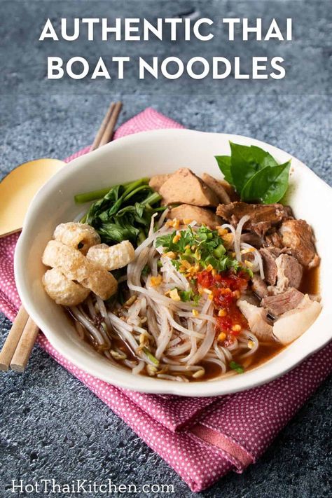 Iconic noodle soup of Thailand that packs incredible flavours and richness into one bowl. Guaranteed to taste exactly like in Thailand! Thai Pork Noodle Soup, Thai Boat Noodles, Boat Noodles Thai Recipe, Thai Boat Noodle Recipe, Boat Noodle Soup, Noddle Recipes, Pork Noodle Soup, Thai Boat, Thai Noodle Soups