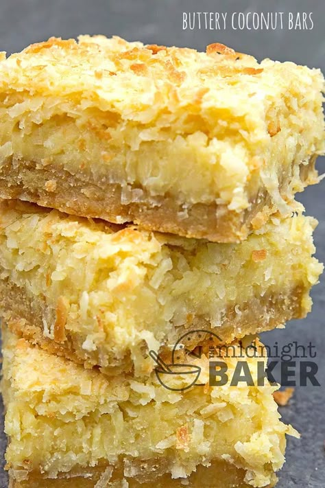 Buttery Coconut Bars - The Midnight Baker - Simple Ingredients Coconut Squares Recipe, Coconut Recipes Dessert, Coconut Squares, Pineapple Filling, Sweet Bars, Tropical Desserts, Crumb Bars, Coconut Dessert, Bar Desserts